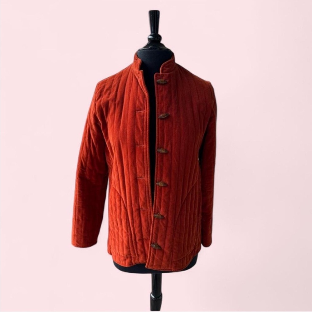 Vintage Rusty Red Velvet Quilted Jacket with Wood Toggles, Soft Cozy